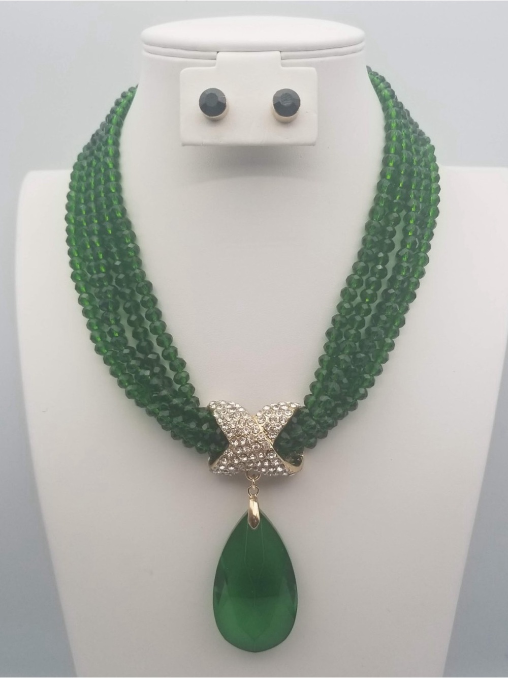 Emerald Green Multi-Strand Beaded Necklace with Teardrop Pendant
